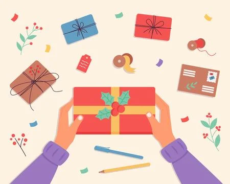 Hands holding a gift box surrounded by stationery Stock Illustration