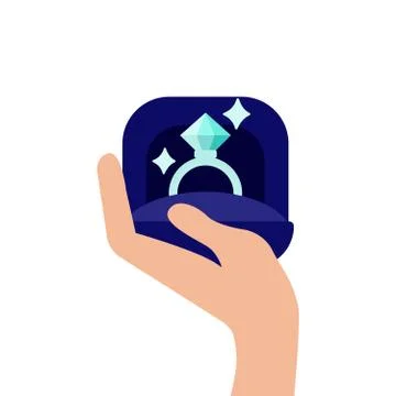 Hands holding gift box with wedding ring. Proposal for marriage, matchmaking and Stock Illustration