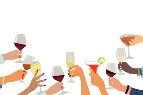 Hands holding glasses with drinks vector border. Stock Illustration
