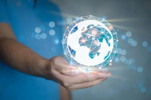 Hands holding global network and data customer connection Stock Photos