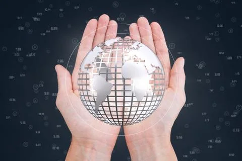 Hands holding a globe with connectors Foto stock