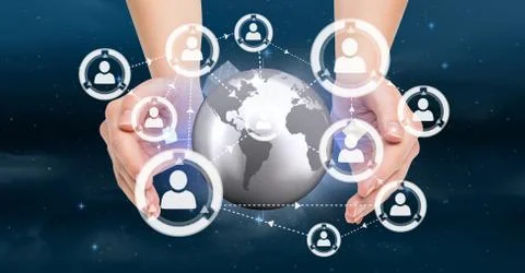 Hands holding a globe with connectors 스톡 사진