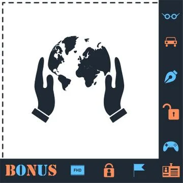 Hands holding globe earth icon flat Illustrazione stock