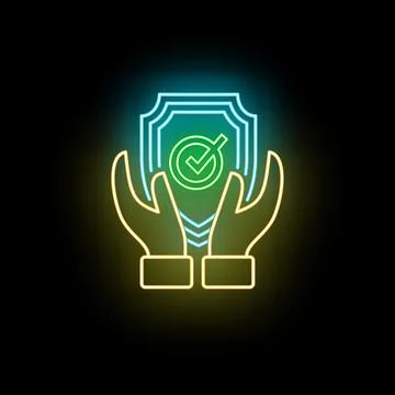 Hands holding glowing shield with checkmark neon icon Stock Illustration