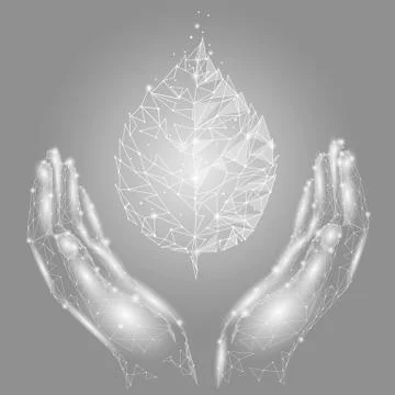 Hands holding gray white leaf. Eco environment saving protection concept. Low Stock Illustration