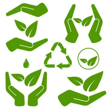 Hands holding green leaves vector illustration set isolated on white backgrou Stock Illustration