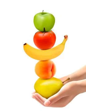 Hands holding group of fresh fruit. dieting concept. vector. Illustrazione stock