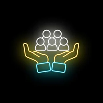 Hands holding group people network neon icon Stock Illustration