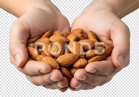 Hands holding handful of fresh almonds, natural and organic snack PSD Template