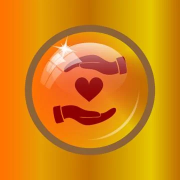 Hands holding heart icon. Internet button on colored background. . Stock Illustration