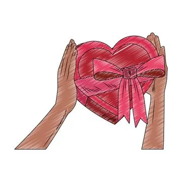 Hands holding heart shape giftbox pop art scribble Stock Illustration