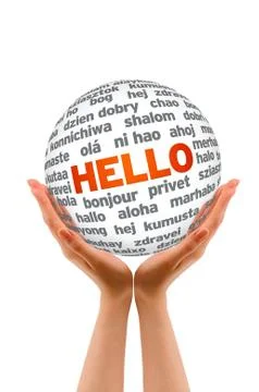 Hands holding a hello 3d sphere Stock Illustration