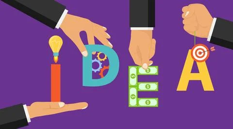 Hands holding idea letters. Collaboration, cooperation, teamwork. Vector Stock Illustration
