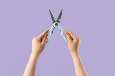 Hands holding kitchen scissors with blue handles Stock Photos