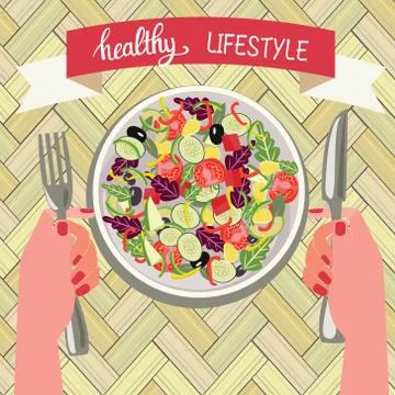 Hands holding a knife and fork near a plate of vegetables salad and quotes He Stock Illustration