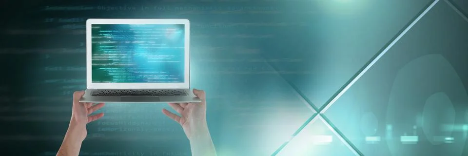 Hands holding laptop with coding text with transition Stock Photos