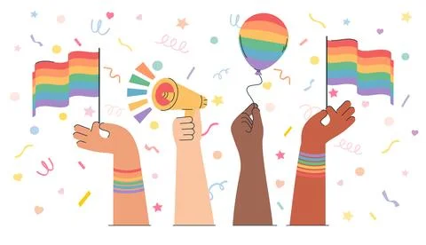 Hands holding lgbt elements pride month illustration. Take care love concept, 库存插图