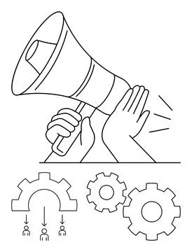 Hands holding megaphone with cogs and people management elements representi.. Stock Illustration