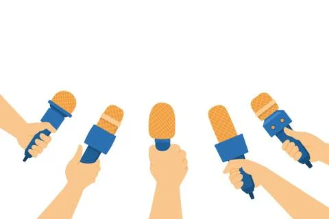 Hands holding microphones vector flat illustration. Journalists and reporters Stock Illustration