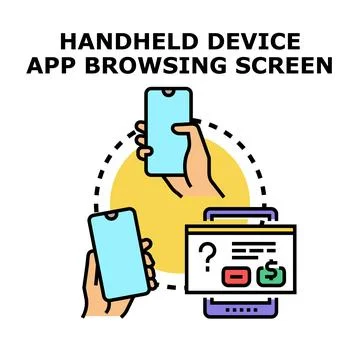Hands holding mobile device browsing app screen Stock Illustration