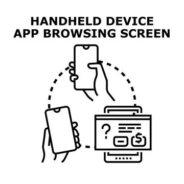 Hands holding mobile device browsing app screen Stock Illustration