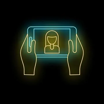 Hands holding mobile device making video call neon light Stock Illustration