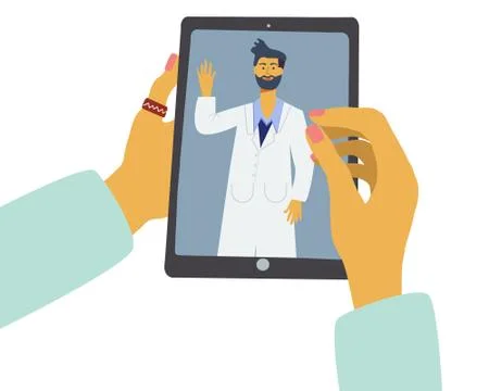 Hands holding mobile device with virtual doctor. Stock Illustration
