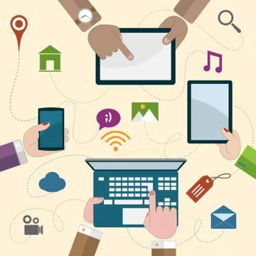 Hands holding mobile devices Stock Illustration