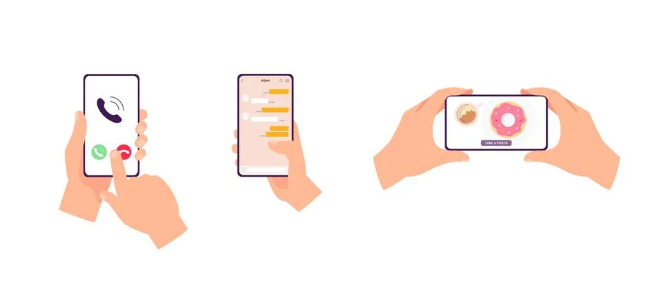 Hands holding mobile phone with app interface - isolated set Illustrazione stock