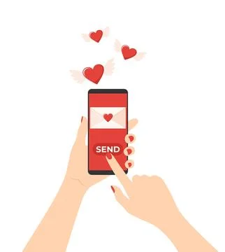 Hands holding mobile phone with love letter on screen and flying hearts Stock Illustration