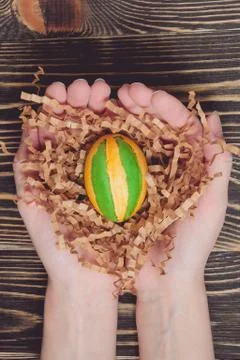 Hands holding modern painted easter egg Stock Photos