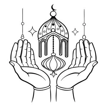 Hands holding mosque lantern with crescent moon and stars 库存插图