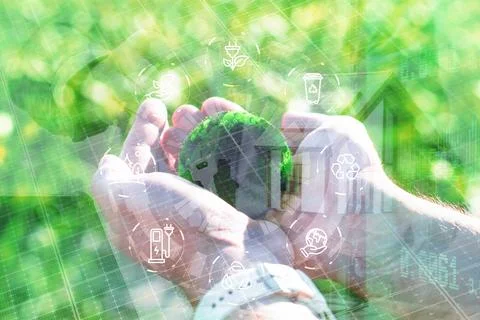 Hands holding a moss covered globe the planet Earth, with digital overlays ho Stock Photos