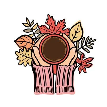 Hands holding mug against the background of autumn leaves. Vector illustration Stock Illustration
