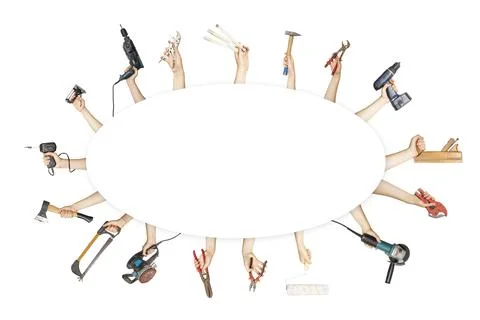 Hands holding multiple tools around  an oval empty space for text, hardware.. Stock Photos