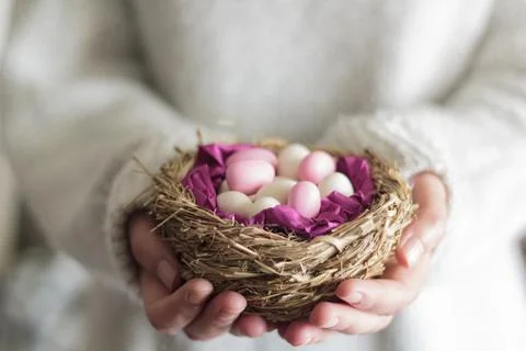 Hands holding a nest with sweet Easter eggs Stock Photos