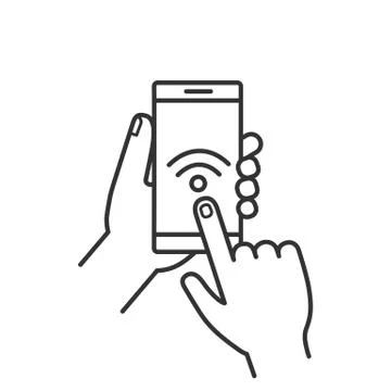 Hands holding NFC smartphone linear icon Stock Illustration