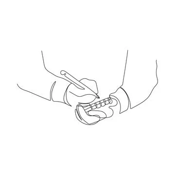 Hands holding notebook and pen. One line art. Stock Illustration