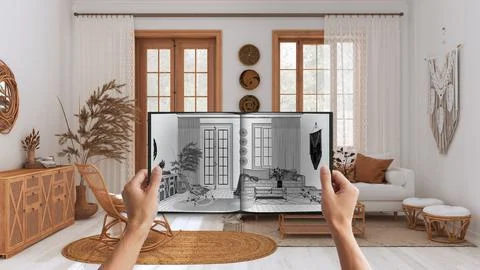 Hands holding notepad with boho living room design blueprint sketch or drawin Stock Photos