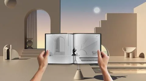 Hands holding notepad with classic panoramic terrace blueprint sketch or draw Stock Photos