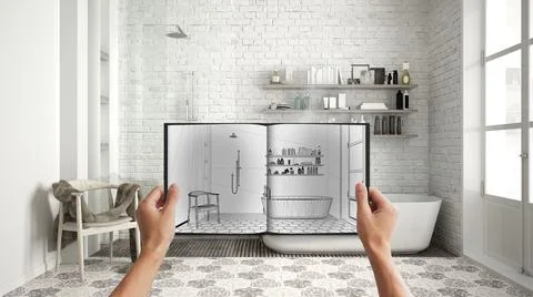 Hands holding notepad with creative bathroom design blueprint sketch or drawi Stock Photos