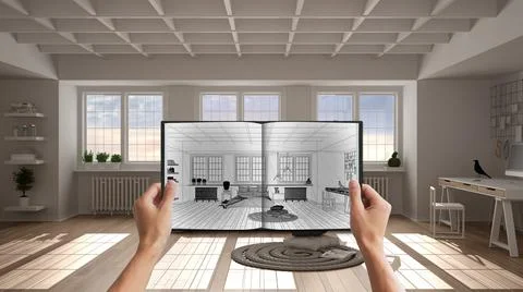 Hands holding notepad with creative bedroom design blueprint sketch or drawin Stock Photos