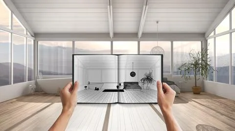 Hands holding notepad with creative bedroom design blueprint sketch or drawin Stock Photos