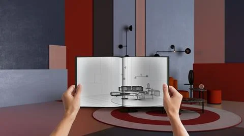 Hands holding notepad with creative colored living room blueprint sketch, dra Stock Photos