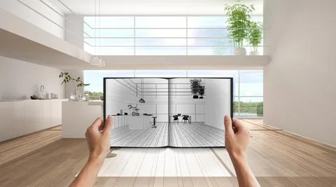 Hands holding notepad with creative kitchen design blueprint sketch or drawin Stock Photos
