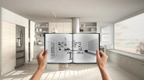 Hands holding notepad with creative kitchen design blueprint sketch or drawin Stock Photos