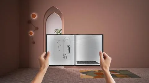Hands holding notepad with creative lobby hall design blueprint sketch or dra Stock Photos