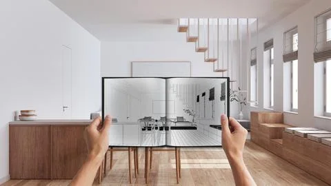 Hands holding notepad with dining and living room design blueprint sketch o.. Illustrazione stock