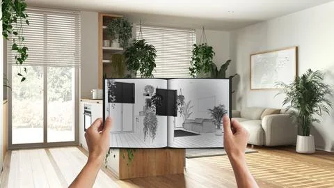 Hands holding notepad with kitchen and living room design blueprint sketch .. Illustrazione stock