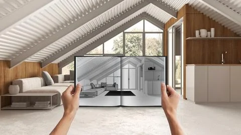 Hands holding notepad with kitchen and living room design blueprint sketch .. Illustrazione stock